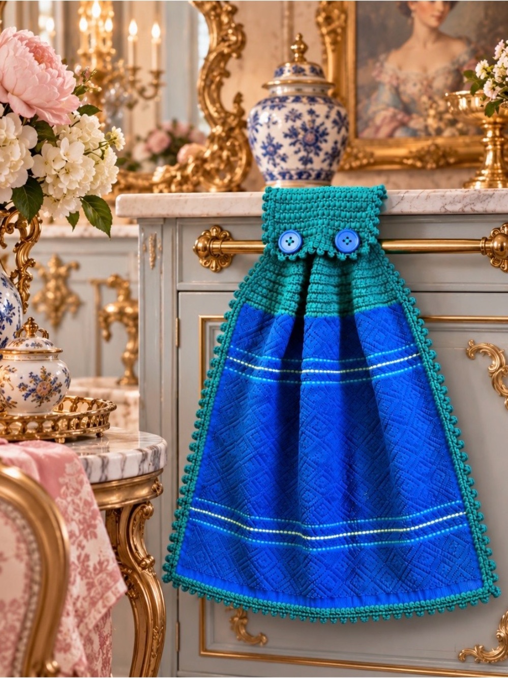 Handmade Crochet Hanging Kitchen Towel Royal Blue Teal Mainstays